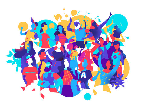 Group of male and female characters celebrate, have fun, dance at a party. Vector illustration