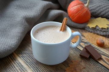 Hot chocolate with milk or cocoa in mug Warm autumn drink