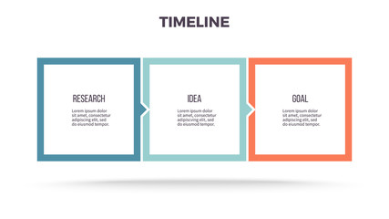 Business infographics. Timeline with 3 steps, options, squares. Vector template.