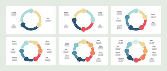 Business infographics. Circles with 3, 4, 5, 6, 7, 8 parts, options. Vector templates.