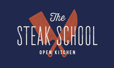 Meat logo. Logo for Steak School with icon chef knife, text typography