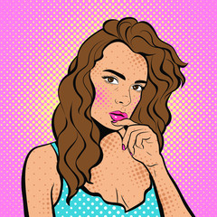 Sexy young woman. Advertising Pop Art poster or party invitation with club girl with open mouth in comic style. Vector Illustration.