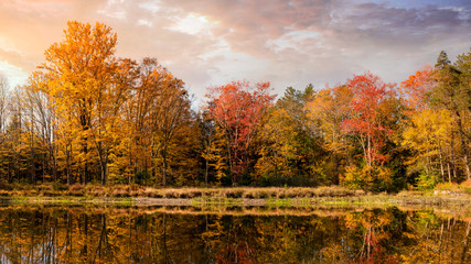 Fototapeta na wymiar Colorful fall foliage reflecting in Lake Ocquittunk at Stokes State Forest, New Jersey