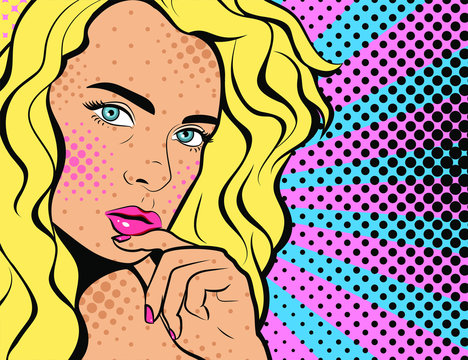 Sexy young woman. Advertising Pop Art poster or party invitation with club girl with open mouth in comic style. Vector Illustration. Face close-up.