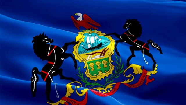 Flag of Pennsylvania video waving in wind. Realistic US State Flag background. American Pennsylvania Flag Looping closeup 1080p Full HD 1920X1080 footage. Pennsylvania USA United States State flags/ O