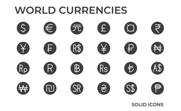 Symbols of money. World Currency Icon such as dollar, euro, yuan and other currencies. Vector solid icons.