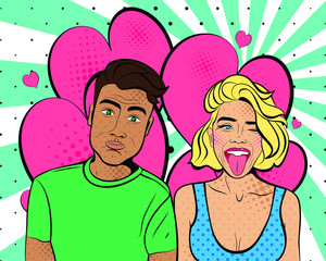 Poster for Valentine's day. Pop art woman with  a man. Vector background in comic style retro pop art. Invitation to a party. Face close-up.