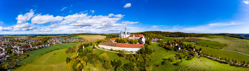 Fototapeta na wymiar Aerial view Benedictine Monastery, Neresheim Abbey, Neresheim, Baden-Wuerttemberg, Germany