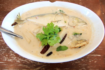 Traditional Thai food Lotus Menu. Mackerel curry with coconut milk and lotus stems.