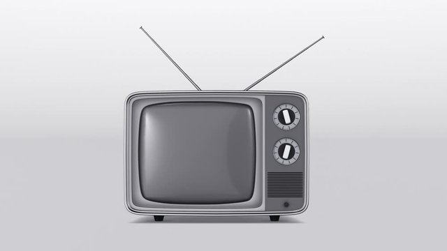 Tv that enters from the left side of the screen, stops in the middle, and then exits from the right one, seamless loop, white background (3d render)