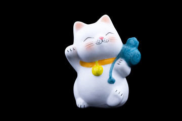 Cute lucky cat isolated on black background with clipping path