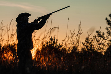 Silhouette of a hunter in a cowboy hat with a gun in his hands on a background of a beautiful...