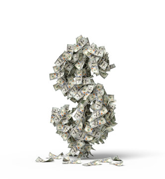 3d rendering of big dollar sign made of banknotes