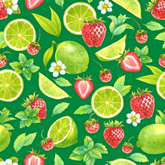 Seamless watercolor pattern with lime, mint and strawberry on green background