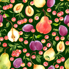 Seamless watercolor pattern with pear, plum and cherry on green background