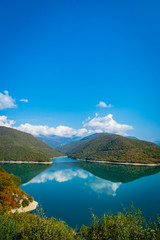 View of Zhinvali Reservoir, Ananuri Lake, in Autumn near the capital city Tbilisi in Georgia.