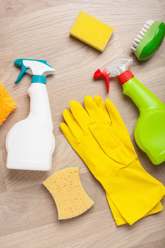 cleaning products household chemicals spray brush sponge glove
