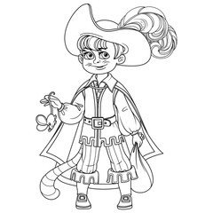 Cute boy in costume cat in boots with a mouse in hand outlined for coloring page