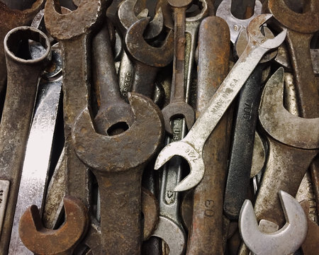 Close up view of different sizes of wrenches