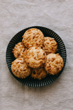 Top view of pignoli Italian cookies with pine  nuts