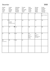 December 2020 calendar - UK, Germany, France, Italy, Spain holidays