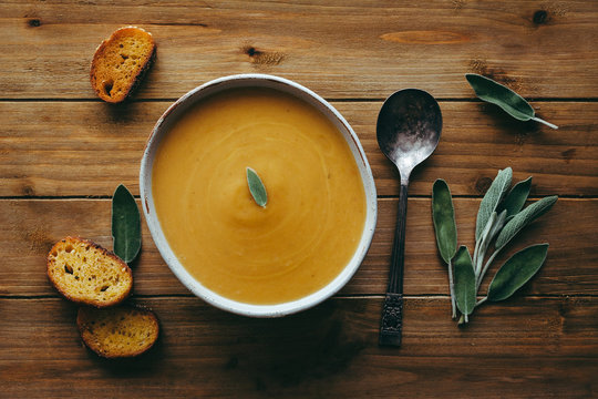 Butternut squash soup with sage and Italian crostini