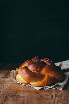 Close up view of braided challah bread