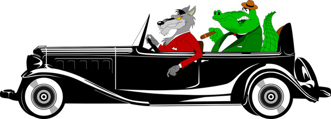 wolf and crocodile in a car