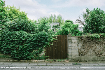 Front view of wooden garden gate in stone wall