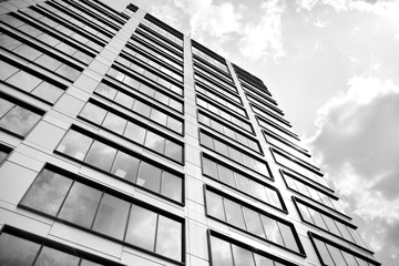 Modern city office building exterior. Black and white.