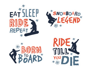 Ski Resort vector icons with funny text. Ride and Snowboarding motivation badges. Hand drawn Riders quotes, travel labels