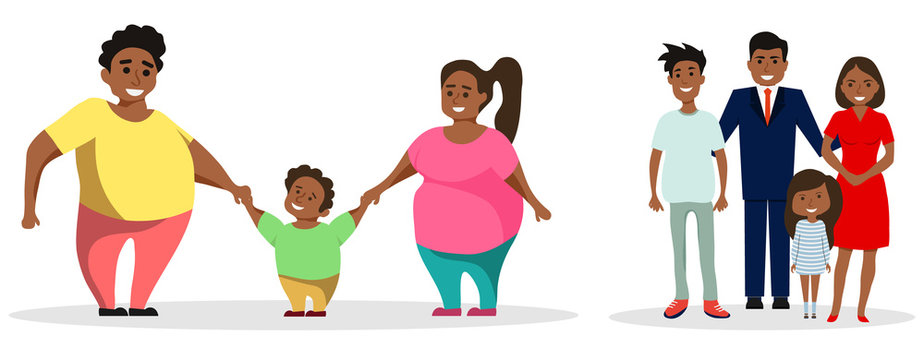 Big happy black family. Two sets of African family. Fat and thin black people. Vector illustration in flat design