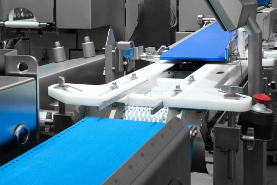 Empty conveyor belt of production line, part of industrial equipment