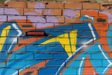 Libro rosso tra fessura in muro di mattoni con graffiti colorati