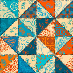 Seamless background pattern. Patchwork pattern of triangle shapes in indian style. Vector image - obrazy, fototapety, plakaty