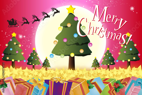 ベクターイラスト クリスマスカード クリスマスツリー もみの木 楽しいパーティー 飾り 無料素材 赤 Wall Mural Tomo00