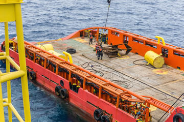 Anchor handling activities by a anchor handling tugboat for a construction barge at oil field