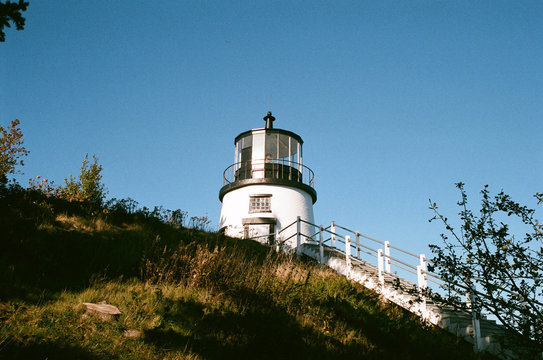 Low angle view of stairway to small lighthouse