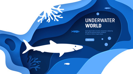 Underwater world page template. Paper art underwater world concept with shark silhouette. Paper cut sea background with shark, waves, fish and coral reefs. Craft vector illustration