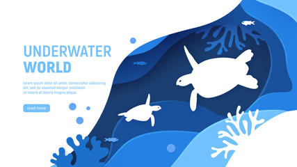 Underwater world page template. Paper art underwater world concept with turtles silhouette. Paper cut sea background with tortoise, waves, fish and coral reefs. Craft vector illustration