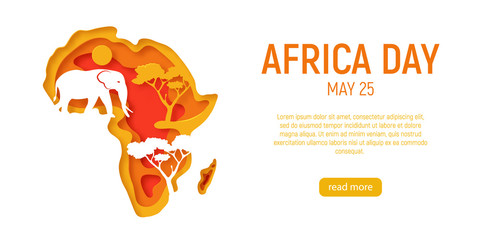 Africa day. Decorative 3d paper cut map of Africa continent with elephant’s silhouette. 3d paper cut eco friendly design. Vector illustration