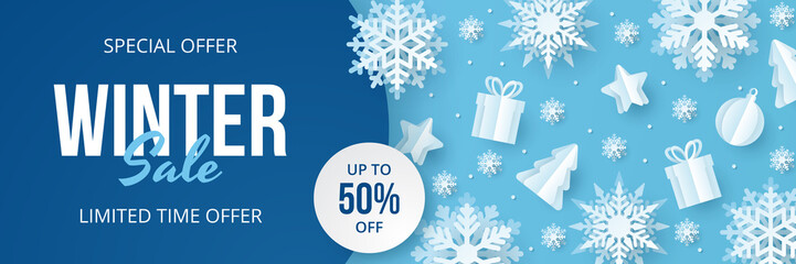 Winter sale banner. Paper cut vector. Vector Illustration.