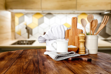Fototapeta na wymiar Table background of free space and kitchen interior 
