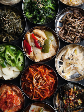 Variety Of Asian Food In Bowls, Overhead View