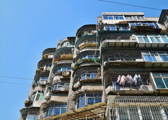 Low angle view of old apartment building