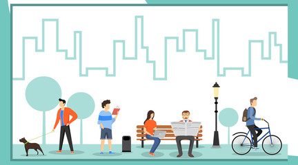 A group of people are walking in the park. People relax and read in a public park. People actively relax and walk the dogs in the park. Vector illustration of outdoor activities. Picnic in the