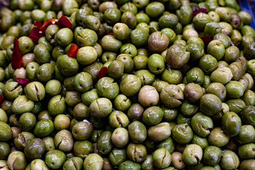 Spanish Natural and fresh fruits and vegetables gastronomy products. olives in the market place