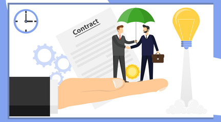 Make a deal. Two businessmen are shaking hands. Two businessmen made a deal on a man’s giant hand. Vector illustration of a successful deal