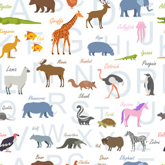 Seamless pattern with Zoo alphabet. Animal alphabet. isolated on white background