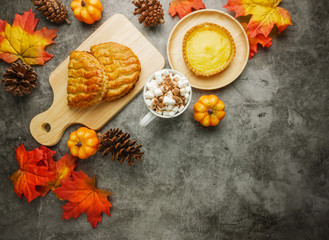 Thanks giving celebration food table top view,flat lay with copy space 